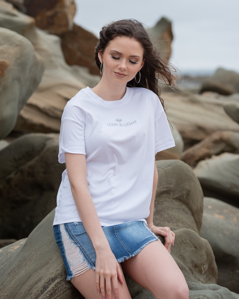 Love & Light Organic Cotton White Tee - Global Conscious Fashion Pty Ltd